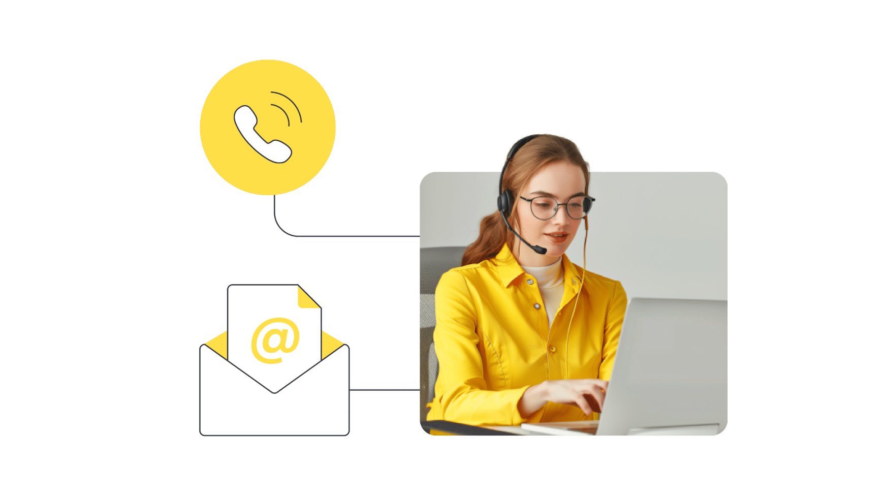 Helpdesk-Mitarbeiterin mit Icons von einer Hotline und E-Mail